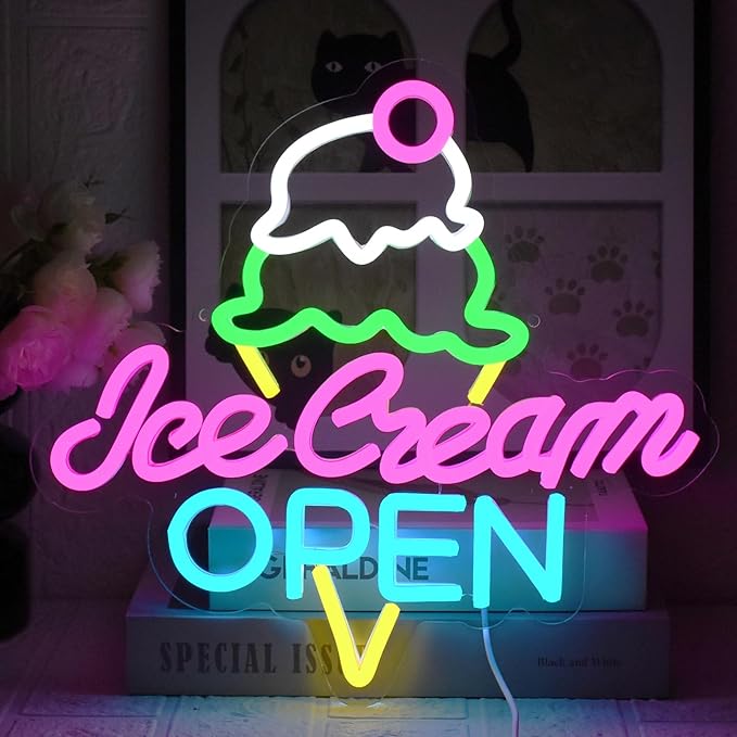 Ice Cream Open Neon Sign Led Neon Light for Wall Decor, USB Dimmable Ice Cream Open Wall Decor Sign for Business Store Dessert Shop Bar Party Cafe