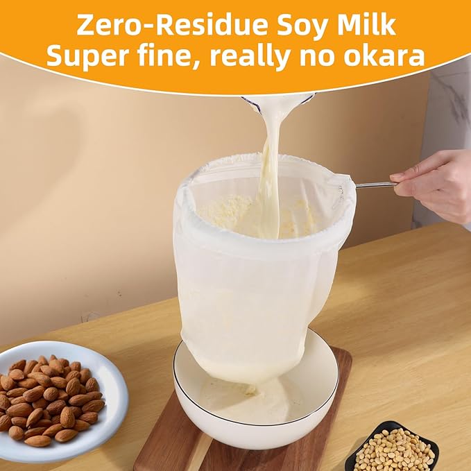 5 Pcs Premium Ultra Fine Mesh Strainer Bags with Stainless Steel Handle, Reusable Nut Milk Bags, Cheese Cloths for Straining Juice, NutMilk, Coffee, Thai Tea, Yogurt and Soup (Medium)