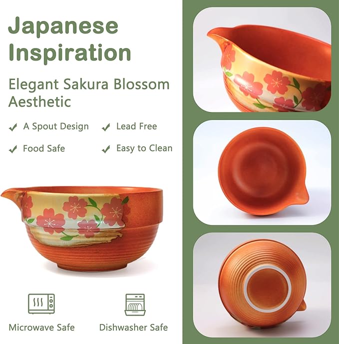 Matcha Whisk Set With Cherry Blossom Design Bowl And Whisk, Japanese Traditional Matcha Starter Kit Gifts For Women Men Girl Friend,Terracotta And Beige