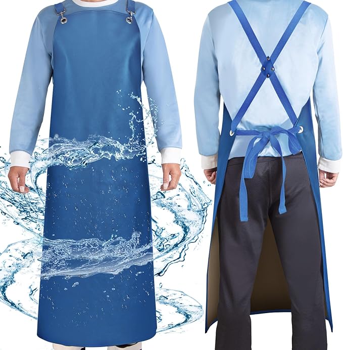SHEOMERN Heavy Duty Vinyl Industrial Anti-Tear Apron, 43" x 26" Waterproof, Chemical Resistant, Blue, Unisex-Adults