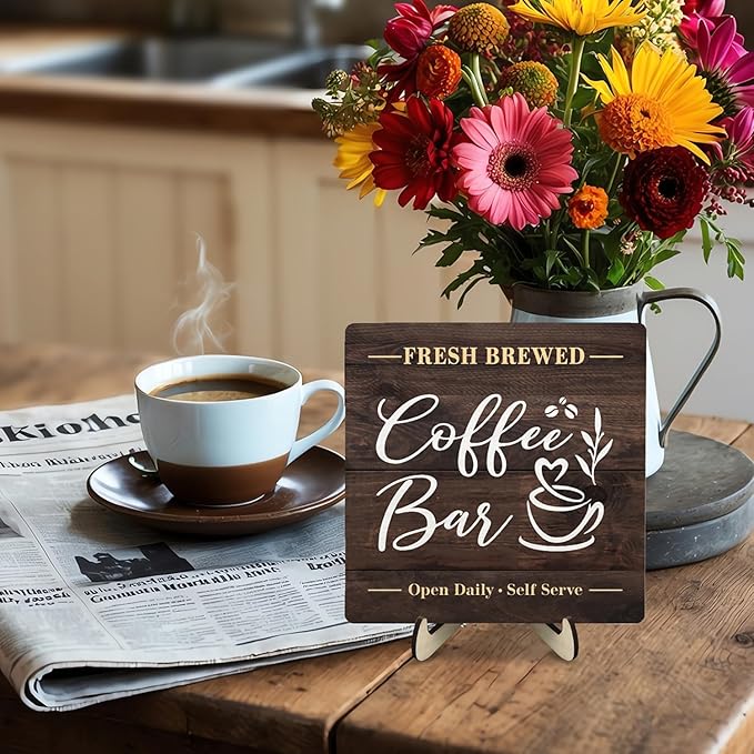 Coffee Bar Sign Plaque, Rustic Wooden Tabletop Plaque with Stand, Vintage Farmhouse Café Counter Sign for Kitchen Coffee Station, Fresh Brewed Mini Bar Decor 5.9x5.9inch