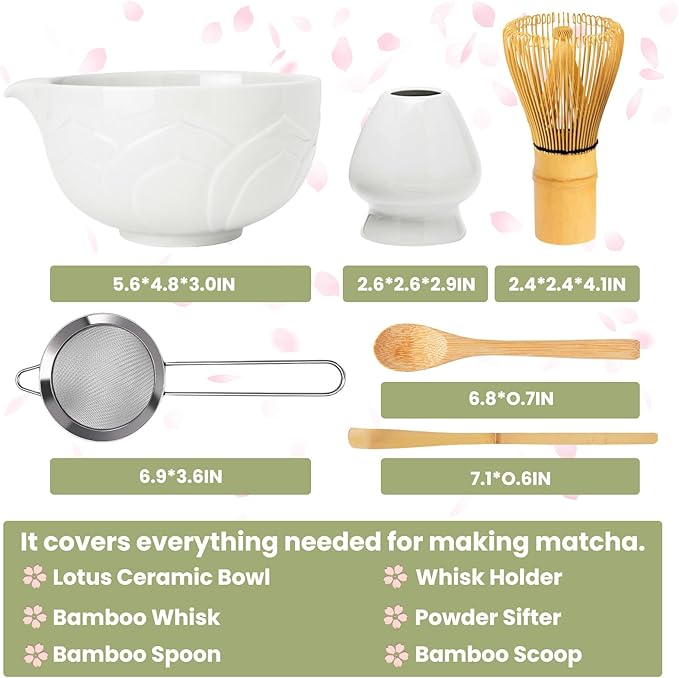 Matcha Whisk Set, Lotus White Ceramic Matcha Set Includes Matcha Bowl, Matcha Whisk (Chasen) and Holder, Sifter, Bamboo Scoop & Spoon - 6 Pcs Matcha Kit for Matcha Lovers