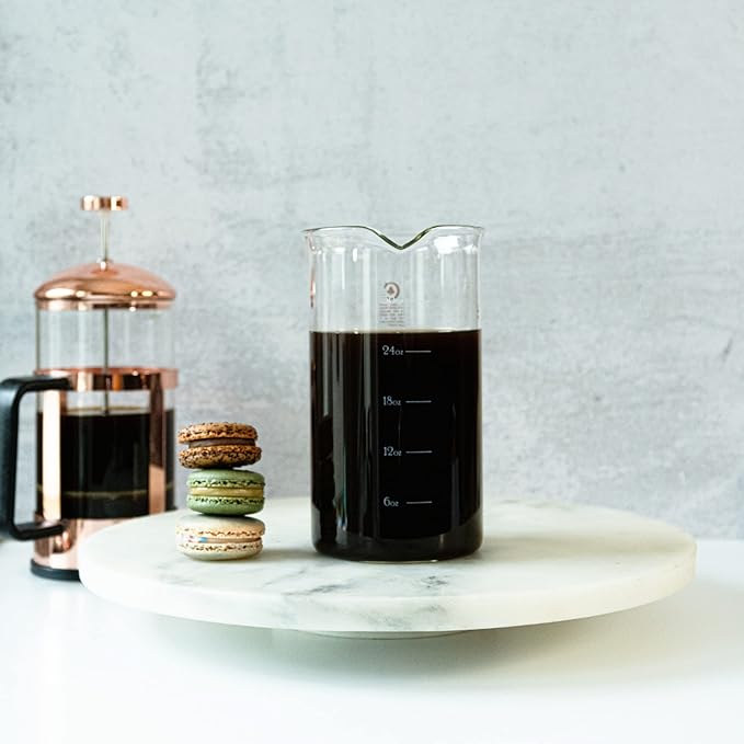 French Press Replacement Glass with Steel Filters by Cafe Crush Club - Fire Hardened Borosilicate Beaker - 34 Ounce | 1 Liter Size with White Measures