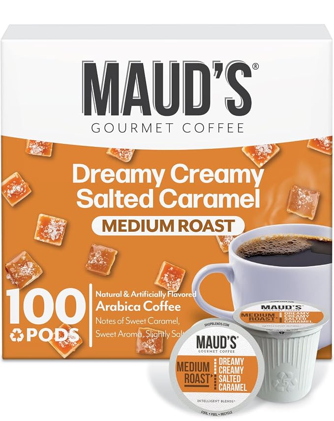 Maud's Salted Caramel Flavored Coffee Pods, 100 ct, Medium Roast Flavored Coffee in Single Serve Pods – 100% Arabica Beans, Compatible with Keurig K Cups Maker by MAUDSCOFFEETEA