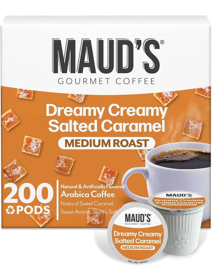 Maud's Salted Caramel Flavored Coffee Pods, 200 ct, Medium Roast Flavored Coffee in Single Serve Pods – 100% Arabica Beans, Compatible with Keurig K Cups Maker by MAUDSCOFFEETEA