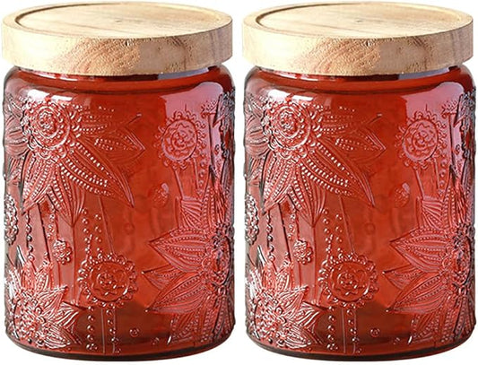Glass Jar with Lid, Vintage Glass Storage Jars with Airtight Lid Coffee Canister Sugar Container for Kitchen Counter Pantry, Flour, Candy, Tea, Coffee Beans, Oats (Sunflower Red*2)