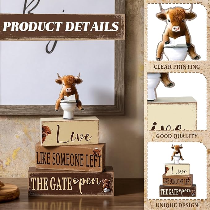 Geelin 4 Pcs Highland Cow Bathroom Decorations Bathroom Wooden Table Centerpiece Blocks Highland Cow Tiered Tray Decor for Indoor Home Desk Room Shelf Decor