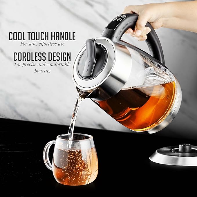 OVENTE Electric Glass Kettle Water Boiler 1.8 Liter BPA Free - 1500W w/Stainless Steel Infuser, Set Temperature Control, Auto Shut Off, Portable Fast Instant Heater for Coffee & Tea - KG661S
