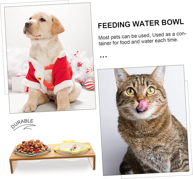 Creative Raised Cat Feeder with Bamboo Stand and Ceramic Double Bowls Reduces Neck Strain for Cats and Puppies Easy Eating and Comfortable Licking