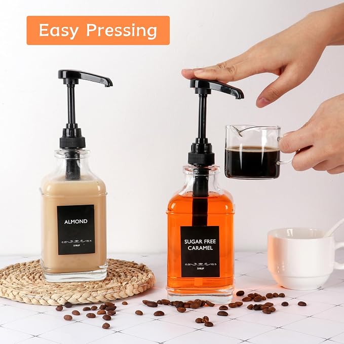 BIGIVACA 4 Pack Coffee Syrup Dispenser 16 oz,Clear Glass Syrup Bottle with 1/4oz Capacity Pump,Syrup Dispenser for Coffee Bar with Plastic Pump - Image 4