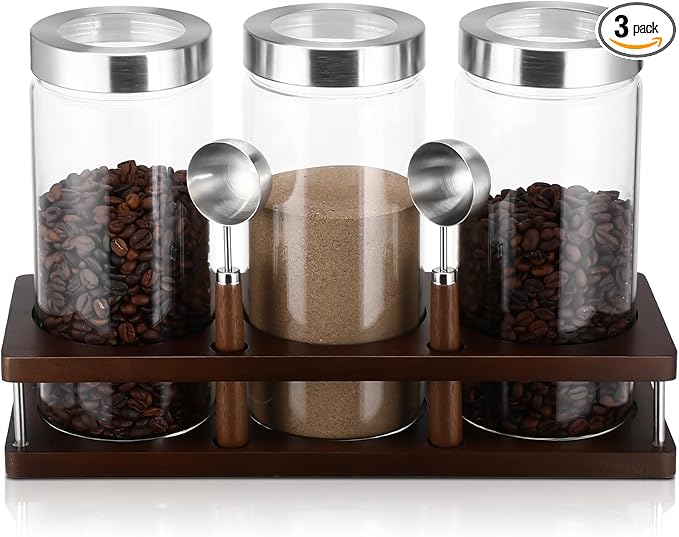 Suclain 3 Pcs Glass Coffee Bean Container 44 oz Airtight Coffee Canister with Shelf and Measuring Spoon Kitchen Food Canister Jar for Sugar Candy(Artsy Style, Wood, Glass, Stainless Steel, Acrylic)