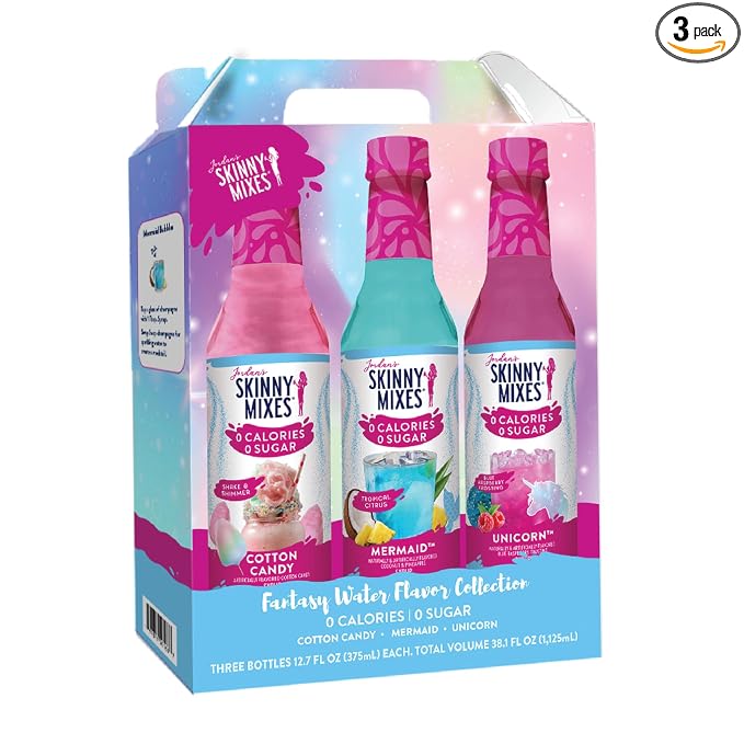 Jordan's Skinny Mixes Sugar Free Syrup Trio Sampler Pack – Mermaid, Unicorn & Cotton Candy, As Seen on Watertok, Drink Mix for Iced Tea, Lemonade & More, Zero Calorie, 12.6 Fl Oz Each (pack of 3) by JordansSkinnyMixes