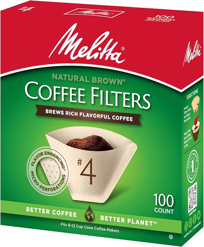 Melitta #4 Cone Coffee Filters, Natural Brown, 300 Total Filters - Fits all 8-12 Cup Cone Coffee Makers and Pour-Overs, Compostable, Tear-Resistant, Made in USA, 100 Count (Pack of 12)
