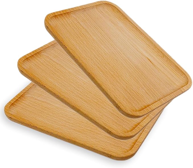 6 Pack Solid Wood Serving Platters and Trays of Natural Wood with Edge,Rectangular Avoid Sliding and Spilling Food (6pcs * 10x7 Inch)
