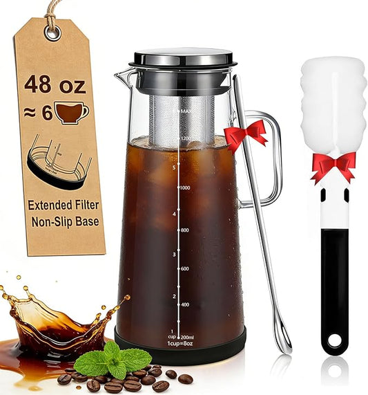Cold Brew Coffee Maker 1.4L/48oz with Handle, Extended Stainless Steel Filter for Deep Extraction, Iced Tea Pitcher with Non-Slip Base Includes Cleaning Brush & Long Stirring Spoon