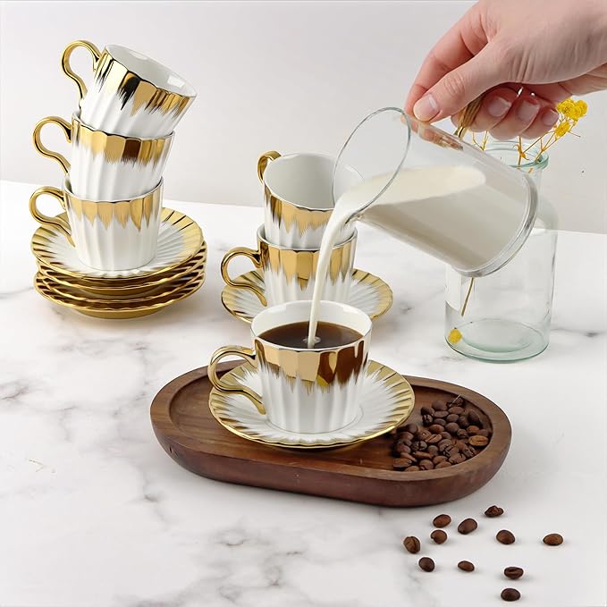 Coffee Cup Set of 6 with Saucers, 3.5 OZ Ceramic Espresso Cups, Deco Golden Turkish Coffee Cup Gift for Cappuccino, Latte, Cafe Mocha and Tea, Dishwasher & Microwave Safe (Gold Trim)