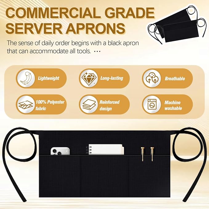 mwellewm 25 Packs Server Apron with 3 Pockets, Black Serving Half Waitress Apron for Women and Men, Widened and Extended Waist Strap Reinforced Seams Water and Stain Resistant for Book Phone - Image 8