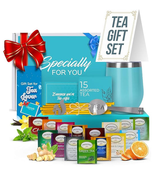 Modern Elegance Tea Tumbler Gift Set – Includes Tea Bag Holder, Spoon, Honey Straw, 15 Assorted Flavor Blends & Hot & Cold 12oz Insulated Tumbler – Ideal for Holiday Gift for Tea Lovers – Teal