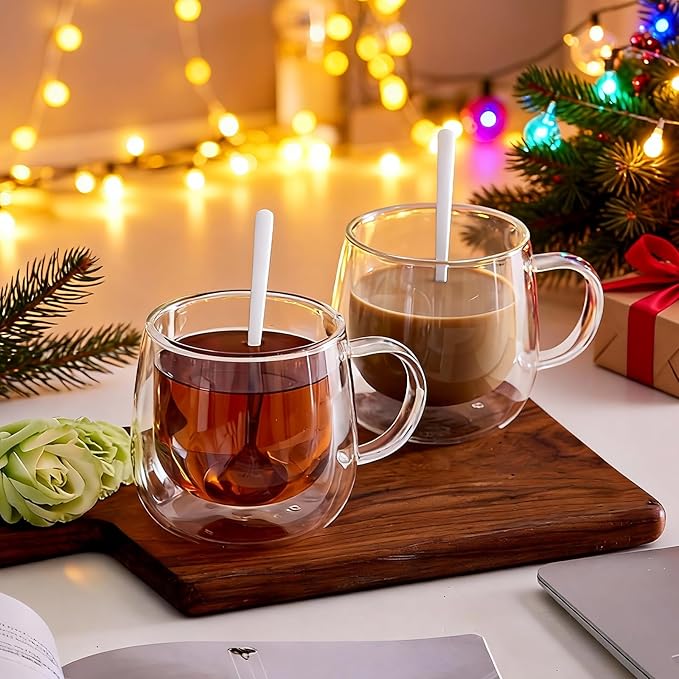 Double Wall Insulated Latte Glasses 10oz with Handle - Set of 4, Clear Glass Mugs for Cappuccino, Espresso, Tea & Hot Drinks
