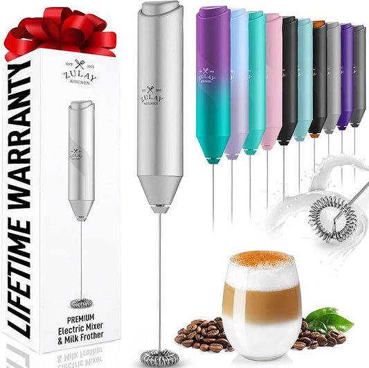 Zulay Kitchen Powerful Milk Frother Wand - Handheld Stainless Steel - Battery Operated Drink Mixer for Coffee, Lattes, Cappuccino, Matcha - Froth Mate Frother Gift - Silver