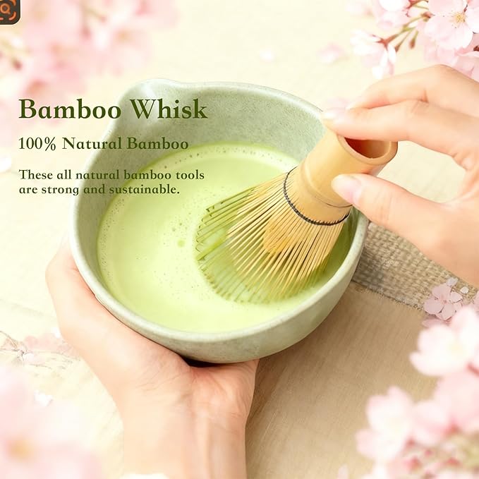 5Pcs Japanese Matcha Tea Set - Ceramic Bowl with Spout & Holder, Bamboo Whisk (Chasen), Scoop, Sifter - Complete Traditional Tea Ceremony Kit for Beginners, Gift for Tea Lovers(Green)