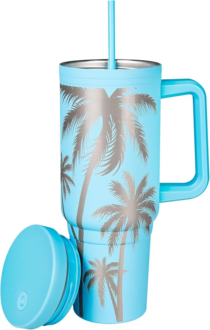 Engraved Palm Trees 40oz Insulated Tumbler with Handle, Lid & Straw - Use for Water, Tea, Coffee & More-Palm Tree 40oz Tumblers