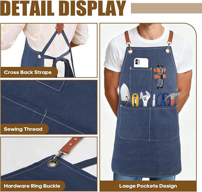 Aprons For Women Men With Large Pockets, Waterproof Cotton Chef Aprons For Cooking Server Grilling Bbq Kitchen - Image 4