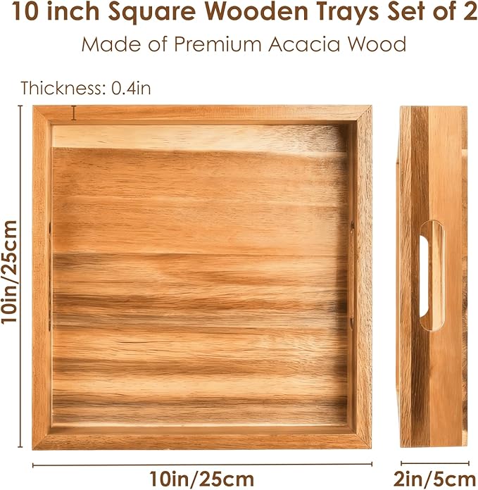YOUEON Set of 2 Acacia Wood Serving Tray with Handles, 10x10x2 Inch Decorative Serving Trays for Food, Ottoman Tray, Square Coffee Table Trays for Dinner, Coffee, Wine, Appetizer