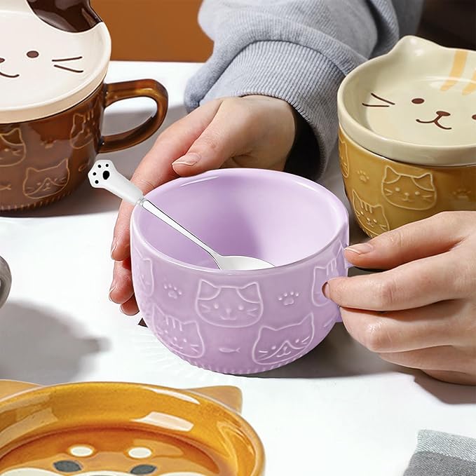 2PCS Cute Kawaii Cat Tea Cup Ceramic Coffee Mug with lid, Tea Cups and Saucers for Dessert, Cute Gifts for Cat Lovers, Anime Fans, Christmas for Women 10oz (Pink + Purple)