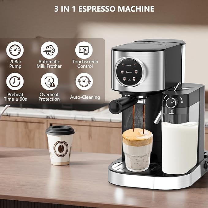 COWSAR Espresso Machine 20 Bar, Commercial Latte & Cappuccino Machine with Automatic Milk Frother, for Ground Coffee & Capsules, Dual Boiler, 57oz Water Tank, Expresso Machines for Home, Touchscreen