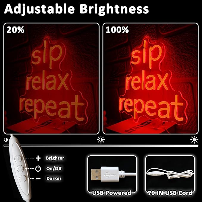 Sip Relax Repeat Neon Sign for Wall Decor Dimmable Red Led Sign for Home Bar USB Powered Coffee Neon Light for Wine Cellar Cafe Kitchen Pub Dining Room Shop Party Decor