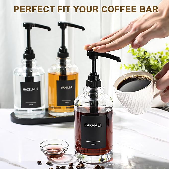 Coffee Syrup Dispenser for Coffee Bar, Glass Syrup Dispenser with 1/4oz Large Capacity Pump, Coffee Syrup Pump Dispenser for Coffee Station, 16.9 fl oz Maple Syrup Bottles for Coffee Bar Organizer - Image 5