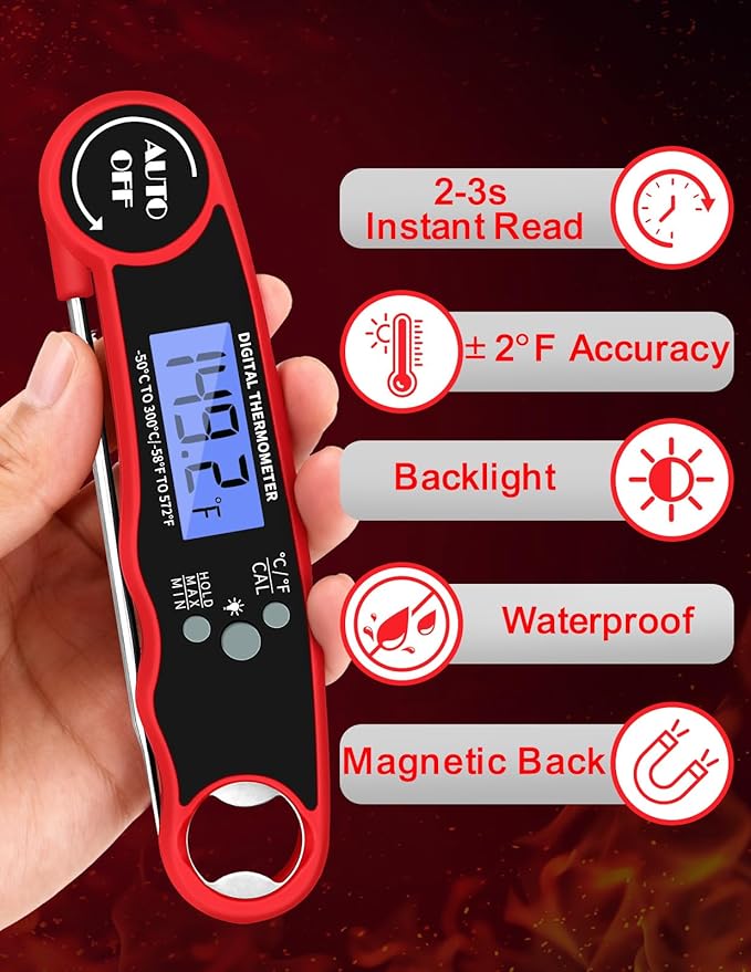 Meat Thermometer Digital, Instant Read Food Thermometer for Cooking Grill BBQ Fryer, Waterproof & Backlit Display Digital Meat Thermometer - Kitchen Gadgets, Turkey Thermometer