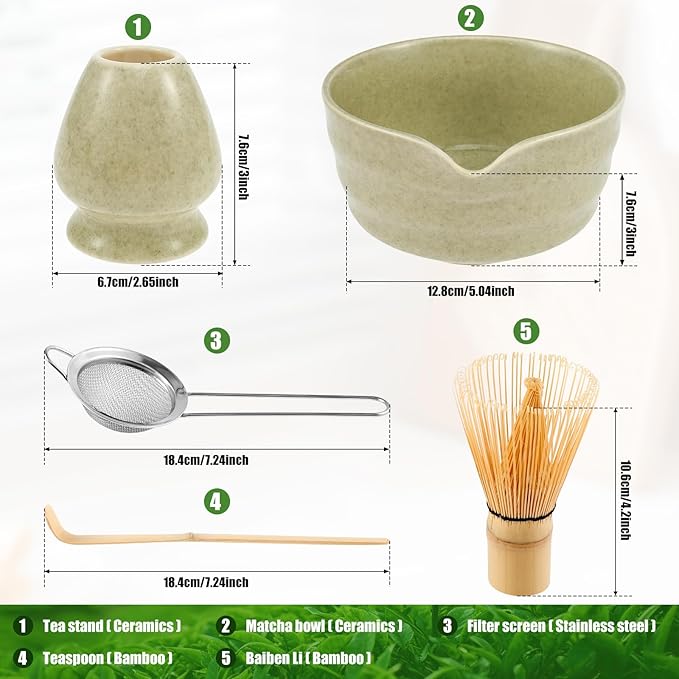 Matcha Whisk Set, 5 Pcs Matcha Set Whisk and Bowl with Spout, Matcha Whisk Holder, Matcha Spoon, Stainless Sifter, Perfect Matcha Kit for Matcha Lover (Matcha Green)