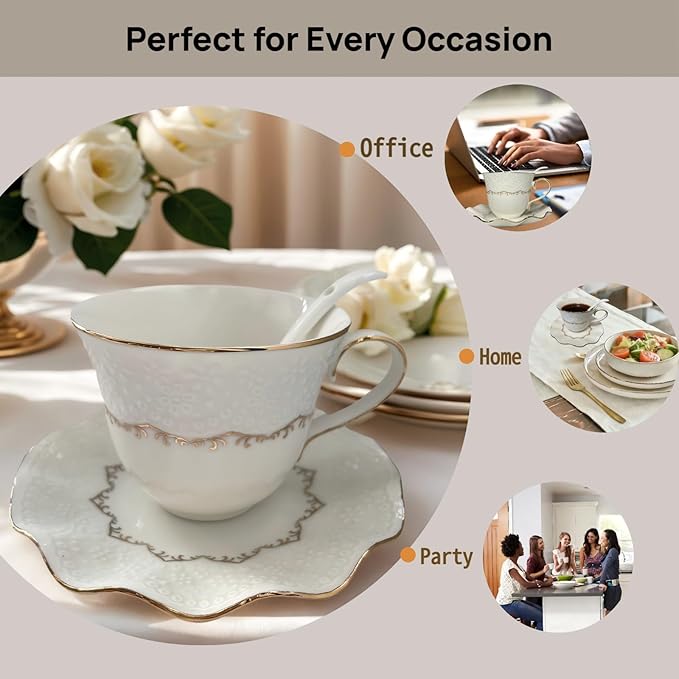 Tea Cup and Saucer Set for 1, Coffee Cup with Saucer and Spoon, Espresso Latte Cup for Women Gift, Dishwasher Safe, 6.8 Oz