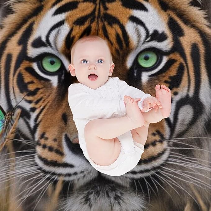 Beautiful Tiger Nature Grass Super Soft Throw Blanket, Blue Butterfly Flannel Fleece Decorative Throw for Sofa Couch Bedroom Decor Outdoor Use 50"x60"