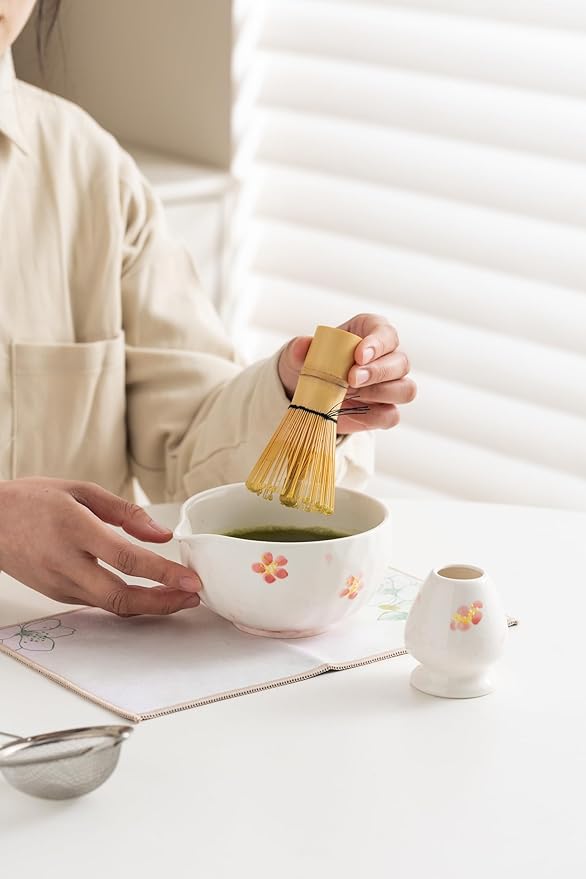 Matcha Tea Set with Plum Blossom Ceramic Bowl, Fine Mesh Strainer and Bamboo Scoop, Traditional Japanese Matcha Accessories for Home Tea Ceremony.
