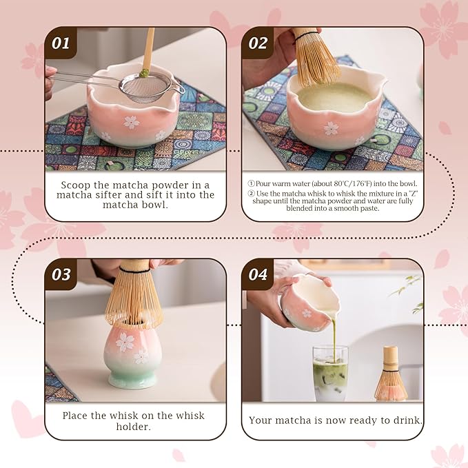 7 Pcs Matcha Whisk Set, Ceramic Matcha Bowl with Spout, Bamboo Whisk And Scoop, Stainless Steel Sifter, Ceramic Holder And Rest, Tea Towel. Full Matcha Kit Gift for Tea Lovers