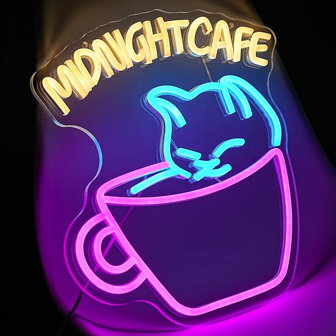 Coffee Neon Sign for Wall Decor Cat Neon Light Midnight Cafe Led Neon Signs Colorful LED Neon Lights for Coffee Shop Dessert Shop Bakery Cafe Dcoration