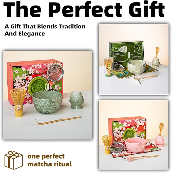 Matcha Whisk Set with Matcha Bowl, Matcha Bamboo Whisk, Scoop, Sifter, Matcha Whisk Holder Unique Gifts for Friend Home Kitchen Decor Gifts for Christmas, Birthday,Halloween (Pink)