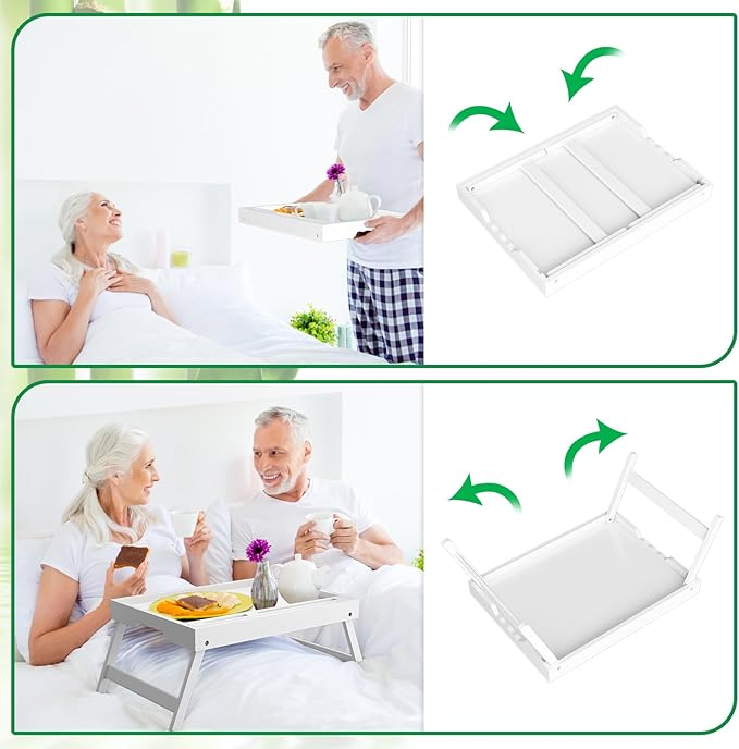 Artmeer Bed Tray Table with Folding Legs, Bamboo Breakfast Food Tray with Media Slot, Use As Platter, Laptop Desk, Snack, TV Tray Kitchen Serving Tray (White Large)