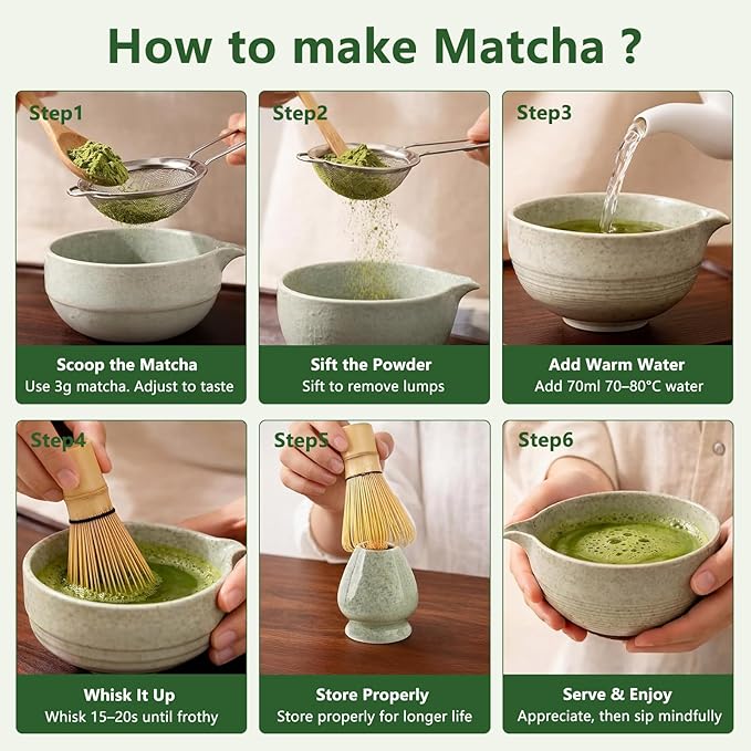 Matcha Whisk Set 11 Pcs - Japanese Matcha Kit with Bamboo Chasen, Ceramic Bowl with Spout, Scoop, Sifter, Towel - Tea Ceremony Gifts for Matcha Lovers, Christmas, Beginners, Birthday (Green)