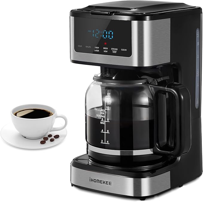 Coffee Maker, Programmable Drip Coffee Maker 12 Cup, Regular & Strong Brew Drip Coffee Machine with Iced Coffee Function for Home and Office, Black & Stainless Steel (Black,Silver)
