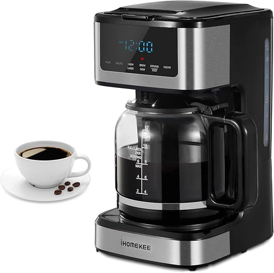 Coffee Maker, Programmable Drip Coffee Maker 12 Cup, Regular & Strong Brew Drip Coffee Machine with Iced Coffee Function for Home and Office, Black & Stainless Steel (Black,Silver)