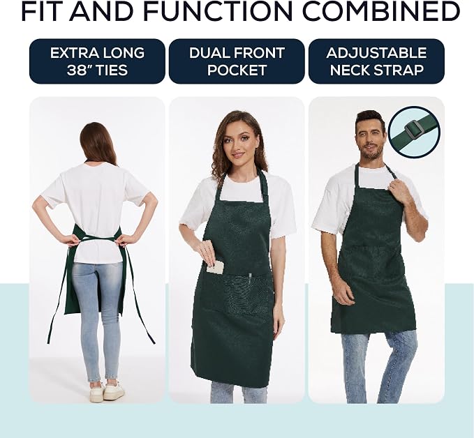 Will Well Kitchen 2 Pack Bib Apron For Men & Women with 2 Pockets - Green | Unisex 33'' x 27'' Oil & Water Resistant Soft Kitchen Chef Apron with Adjustable Neck Strap & 38'' Waist Ties for Snug Fit - Image 3