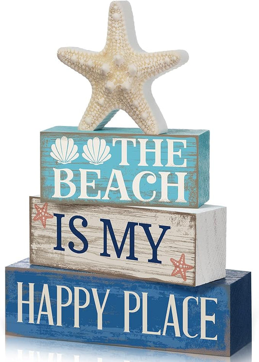 Moucuny 4 Pcs Summer Table Decoration Beach Tiered Tray Decor Starfish Coastal Rustic Wooden Block Sign Gifts Blue and White Ocean Centerpieces Farmhouse Beach Nautical Decor for Home Shelf Mantel