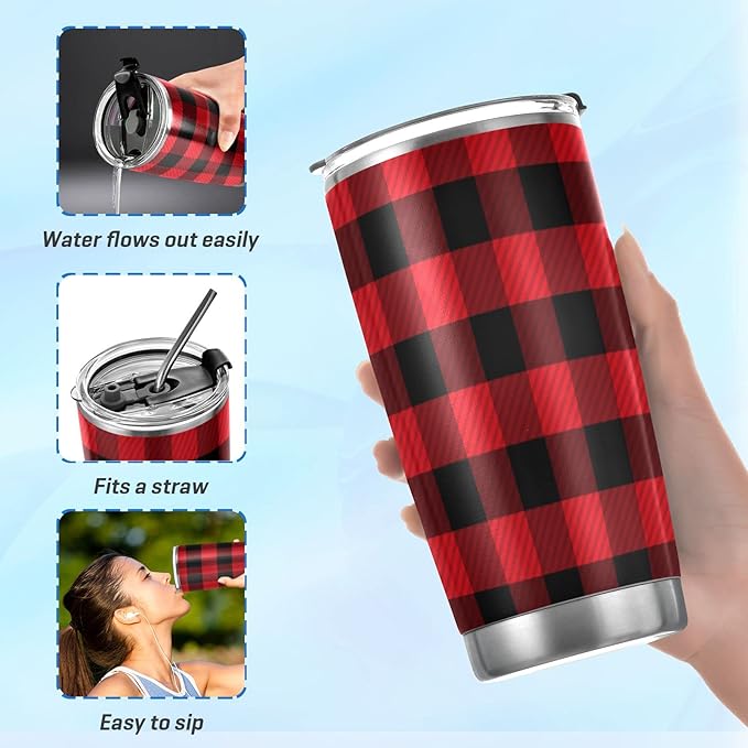 Tumbler Tartan Checker Plaid Red Black Insulated Office Coffee Cup Back to School Beverage Container Travel Mug with Straw and Lid Double Wall Stainless Steel 20oz