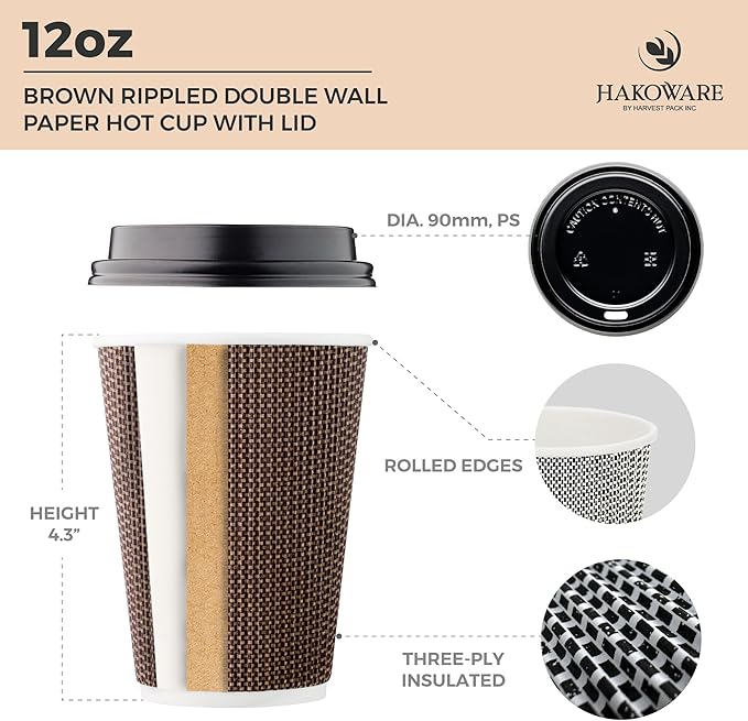 [100 SET]Harvest Pack 12 oz Disposable Coffee Cups, Insulated Ripple Double-Walled Paper Cup with Lids, Brown Geometric, Tea Hot Chocolate Drinks To go coffee cups