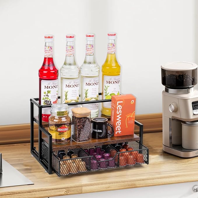 Wetheny Coffee Syrup Organizer for Coffee Bar, 3-Tier Metal Station with K Cup Storage Basket for Countertop, Coffee Pod Organizer Accessories