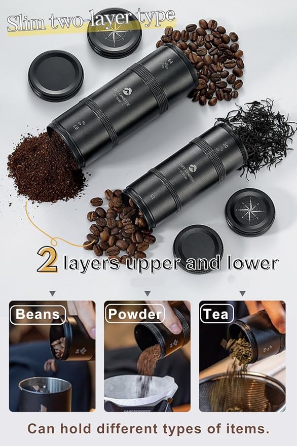 CAMPINGMOON 2-Layer Portable Coffee Bean Storage Canister Airtight Duralumin Coffee Travel Container Camping Lightweight Slim Mini Tea Caddy CNC Machined Metal Spice Jar Black S15g 30g CC-50-BK